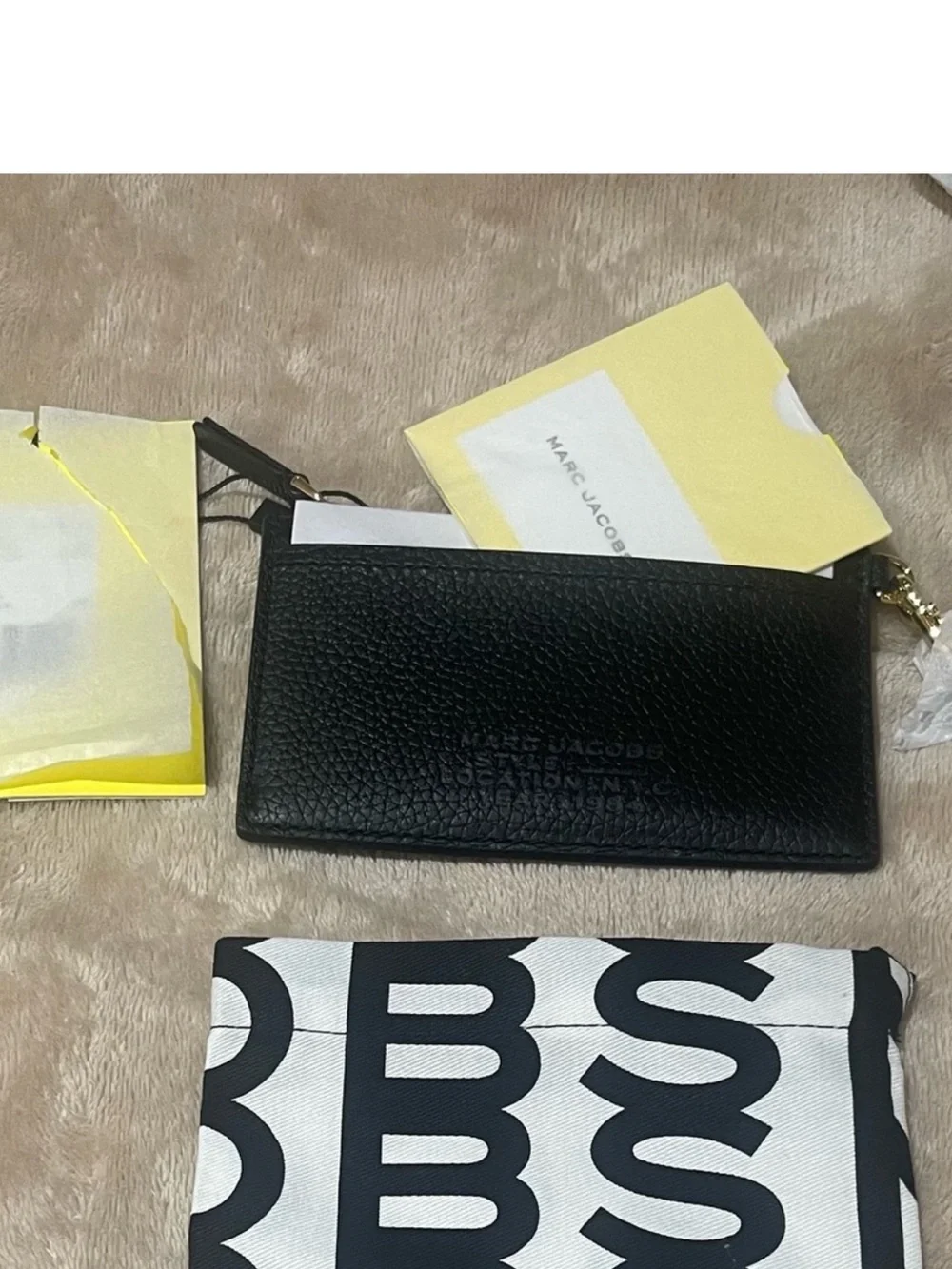 Marc Jacobs Black Pebbled Leather Card Wallet with Gold Zip